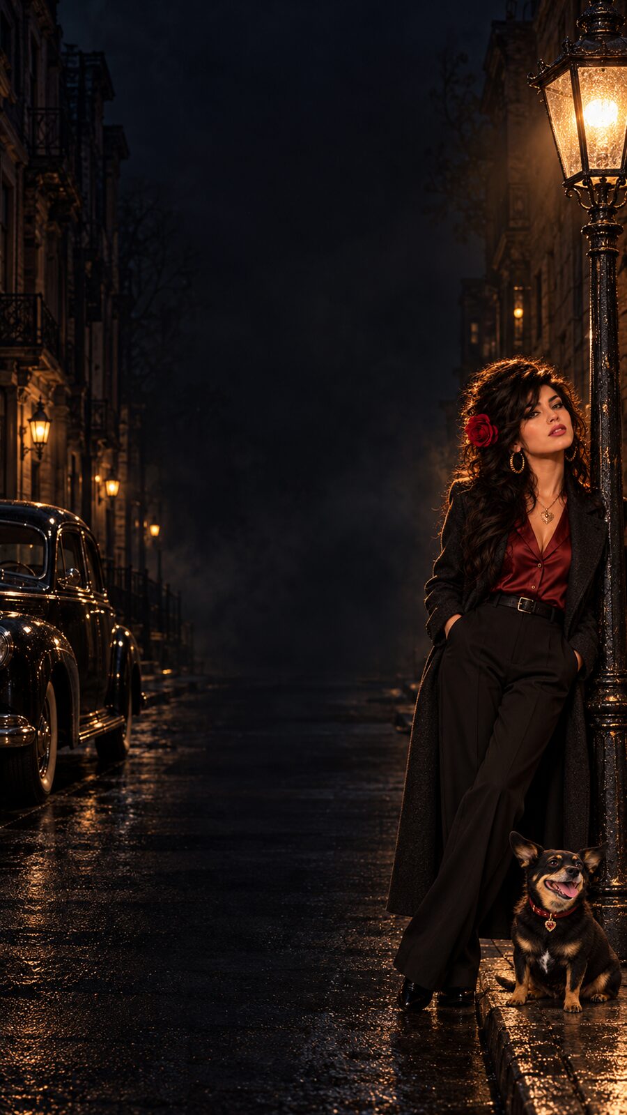 Portrait-format midnight street scene with Zoe Vesper and Zoey under a gas lamp.