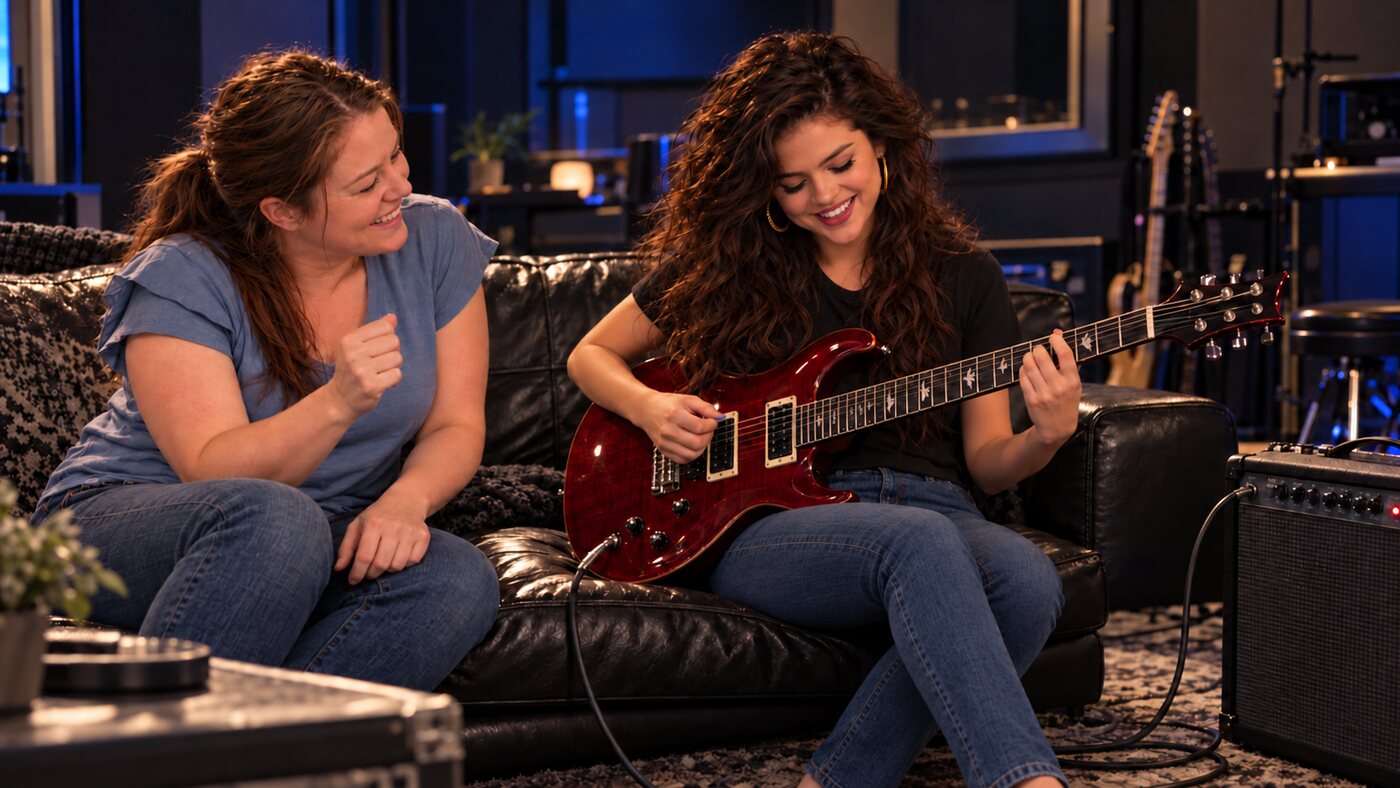 Zoe Vesper playing an electric guitar on a couch in an indigo-lit studio while Tam laughs beside her.