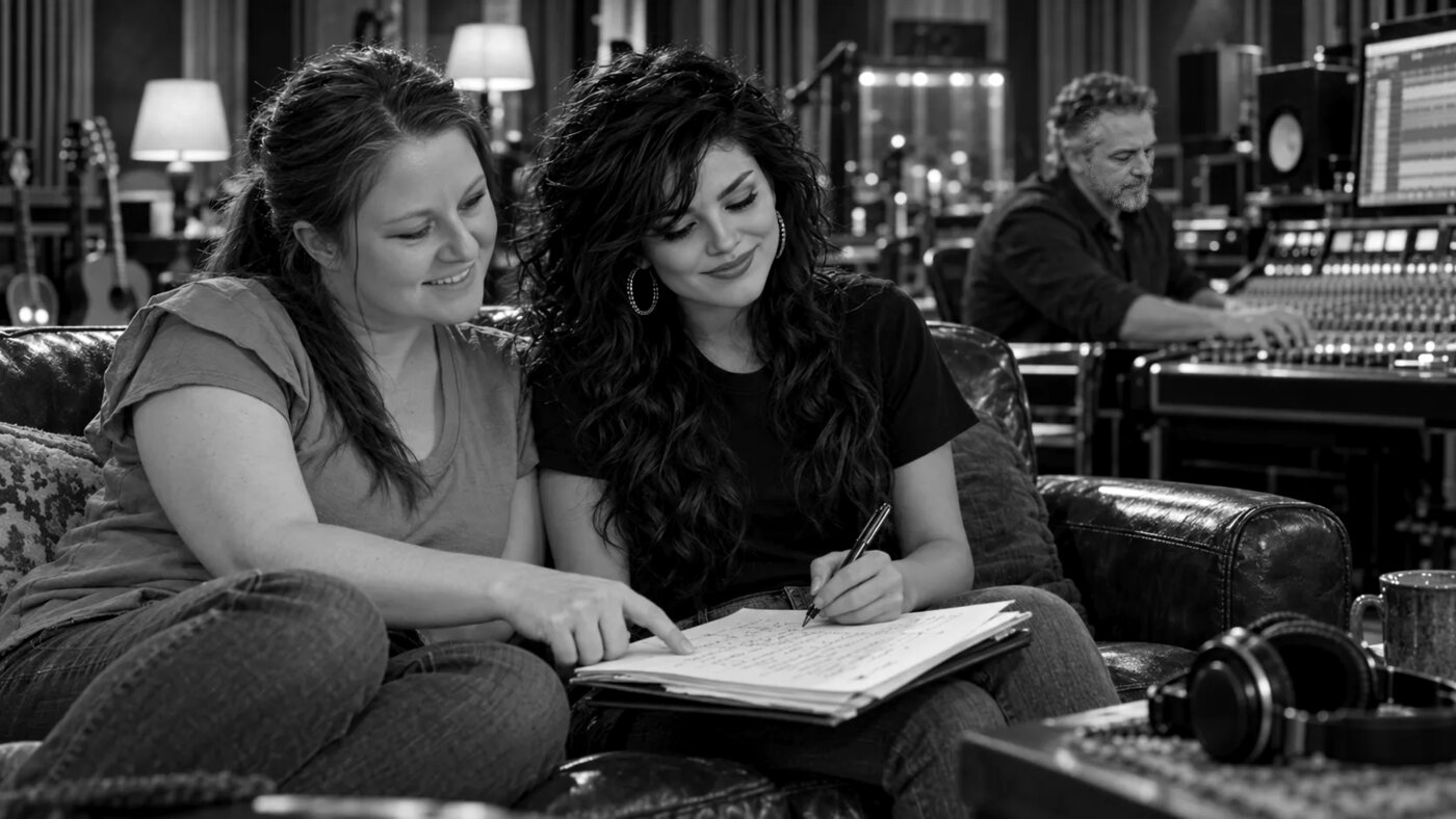 Tam and Zoe Vesper on a studio couch working through a lyric sheet together, Dave at the console behind them.