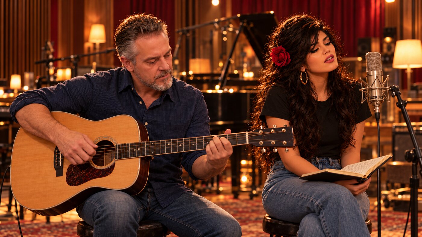 Dave Yeubanks playing acoustic guitar beside Zoe Vesper, who follows along from a notebook in a warm, candlelit studio.